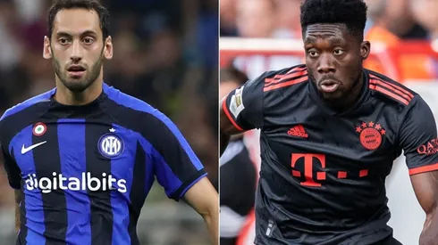 Hakan Calhanoglu of FC Inter and Alphonso Davies of FC Bayern