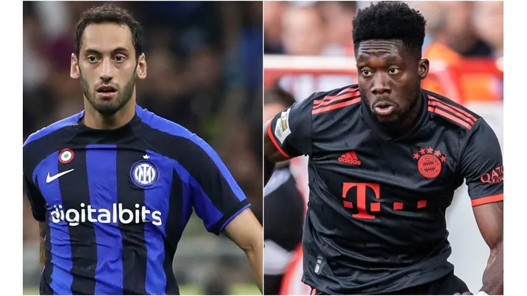 Hakan Calhanoglu of FC Inter and Alphonso Davies of FC Bayern