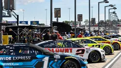 A general view of cars parked on the grid during practice for the NASCAR Cup Series Cook Out Southern 500