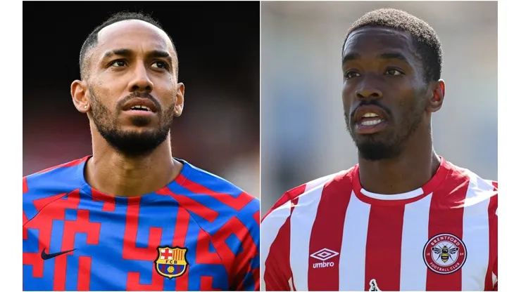 Pierre-Emerick Aubameyang of Barcelona and Ivan Toney of Brentford