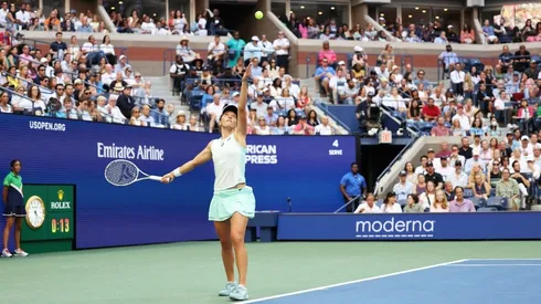 Iga Swiatek serves against Ons Jabeur during their US Open Women’s Singles Final