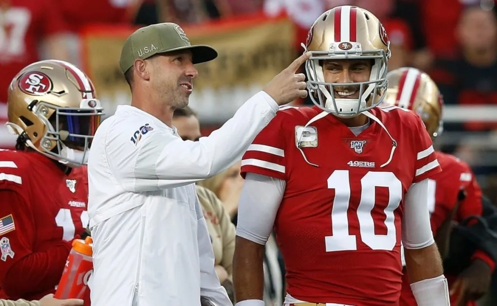 49ers head coach Kyle Shanahan (left) and Jimmy Garoppolo. (Lachlan Cunningham/Getty Images)