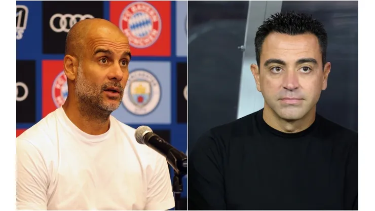 Manchester City Manager Pep Guardiola (L) and Barcelona Manager Xavi Hernández (R)