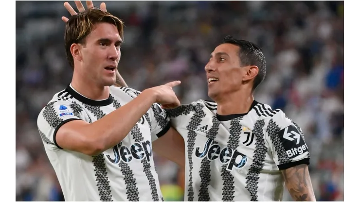 Angel Di Maria and Dusan Vlahovic of Juventus FC