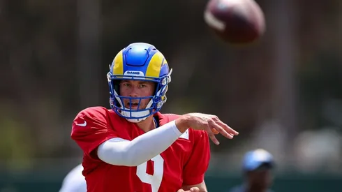 IRVINE, CA - JULY 29: Matthew Stafford #9 of the Los Angeles Rams attempts a pass during training camp at University of California Irvine on July 29, 2022 in Irvine, California. (Photo by Scott Taetsch/Getty Images)-Not Released (NR)