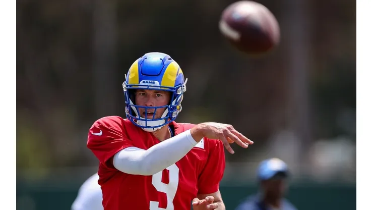 IRVINE, CA - JULY 29: Matthew Stafford #9 of the Los Angeles Rams attempts a pass during training camp at University of California Irvine on July 29, 2022 in Irvine, California. (Photo by Scott Taetsch/Getty Images)-Not Released (NR)