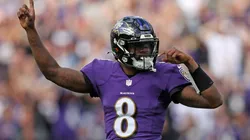 BALTIMORE, MARYLAND - OCTOBER 17: Lamar Jackson #8 of the Baltimore Ravens celebrates a rushing touchdown scored by Latavius Murray #28 during the first quarter against the Los Angeles Chargers at M&T Bank Stadium on October 17, 2021 in Baltimore, Maryland. (Photo by Patrick Smith/Getty Images)-Not Released (NR) During game play, no use of images within play-by-play, statistical account or depiction of a game (e.g., limited to use of fewer than 10 images during the game).