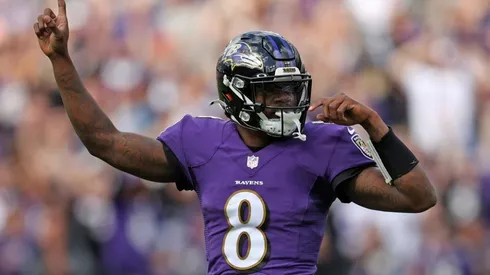 BALTIMORE, MARYLAND - OCTOBER 17: Lamar Jackson #8 of the Baltimore Ravens celebrates a rushing touchdown scored by Latavius Murray #28 during the first quarter against the Los Angeles Chargers at M&T Bank Stadium on October 17, 2021 in Baltimore, Maryland. (Photo by Patrick Smith/Getty Images)-Not Released (NR) During game play, no use of images within play-by-play, statistical account or depiction of a game (e.g., limited to use of fewer than 10 images during the game).