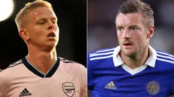 Oleksandr Zinchenko of Arsenal and Jamie Vardy of Leicester