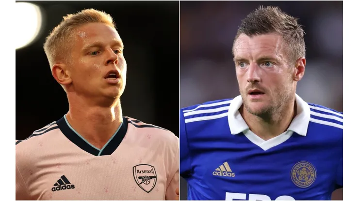 Oleksandr Zinchenko of Arsenal and Jamie Vardy of Leicester