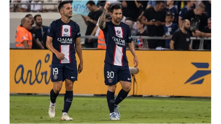 Paris Saint-Germain's Lionel Messi and Idrissa Guete celebrate after scoring