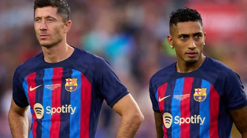 Raphinha and Robert Lewandowski of Barcelona