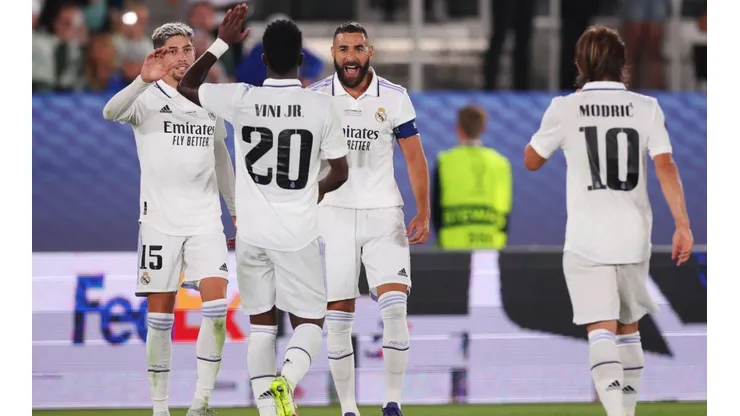 Karim Benzema celebrates his goal against Frankfurt in the Super Cup 2022