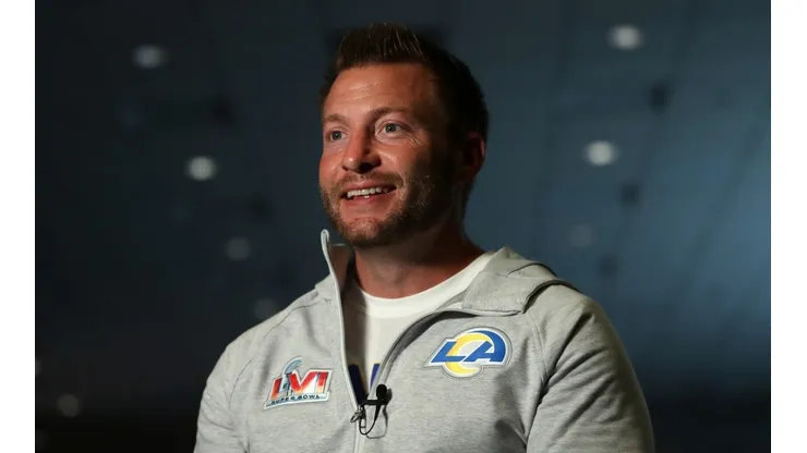 LOS ANGELES, CALIFORNIA - FEBRUARY 14: Head coach Sean McVay of the Los Angeles Rams speaks to the media during the Super Bowl LVI head coach and MVP press conference at Los Angeles Convention Center on February 14, 2022 in Los Angeles, California. (Photo by Katelyn Mulcahy/Getty Images)-Not Released (NR)