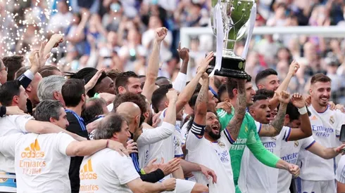 Marcelo of Real Madrid lifts the La Liga trophy