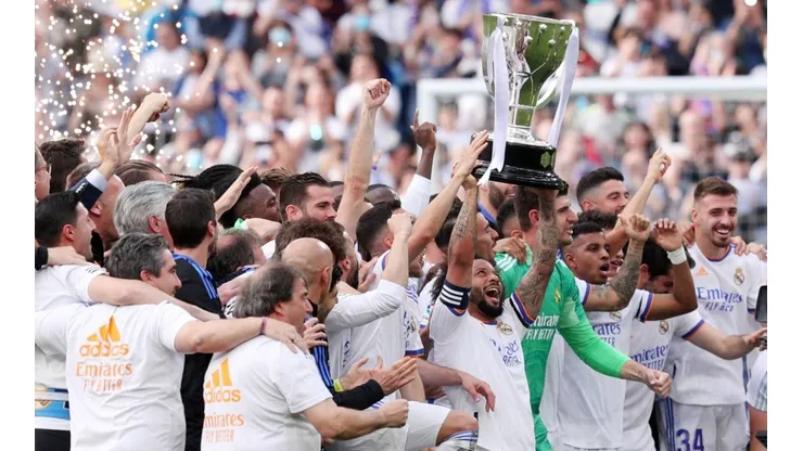 Marcelo of Real Madrid lifts the La Liga trophy