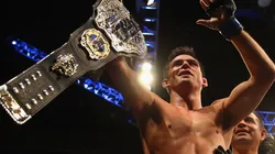 Dominick Cruz celebrates defeating T.J. Dillashaw to win the World Bantamweight Championship