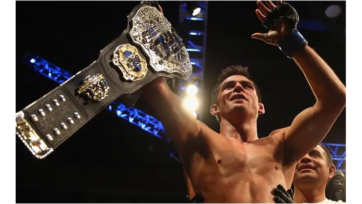 Dominick Cruz celebrates defeating T.J. Dillashaw to win the World Bantamweight Championship