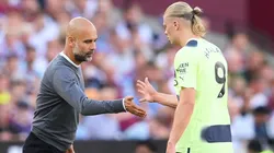Pep Guardiola congratulates Erling Haaland after scoring twice against West Ham.