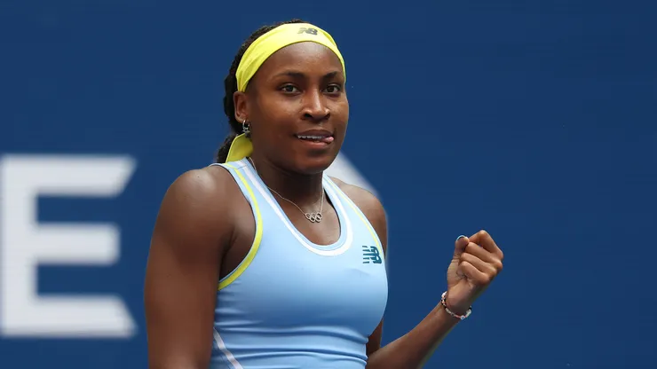 Coco Gauff celebrates match point against Varvara Gracheva during her first round match at the US Open 2024