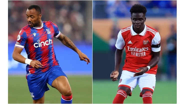 Jordan Ayew of Crystal Palace (left) and Bukayo Saka of Arsenal.