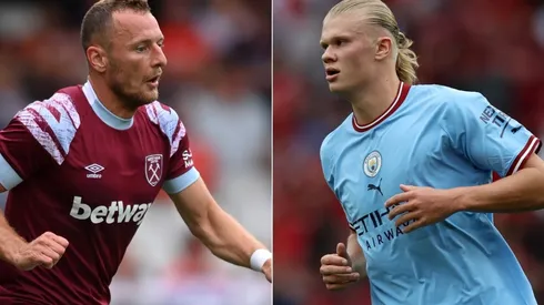 Vladimir Coufal of West Ham United and Erling Haaland of Manchester City