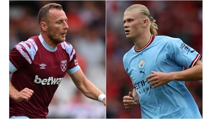 Vladimir Coufal of West Ham United and Erling Haaland of Manchester City