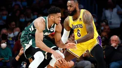 LeBron James guarding Giannis Antetokounmpo