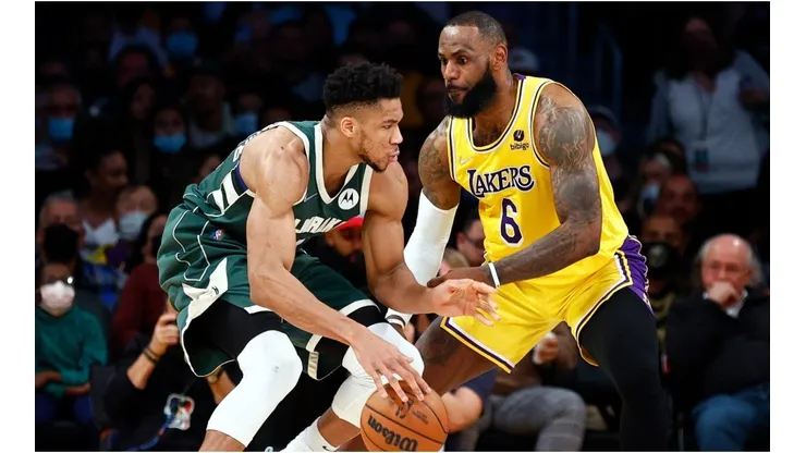 LeBron James guarding Giannis Antetokounmpo