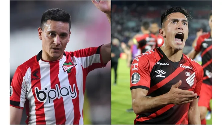 Fernando Zuqui of Estudiantes (L) and Tomas Cuello of Athletico Paranaense (R)