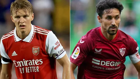 Martin Odegaard of Arsenal and Jesus Navas of Sevilla