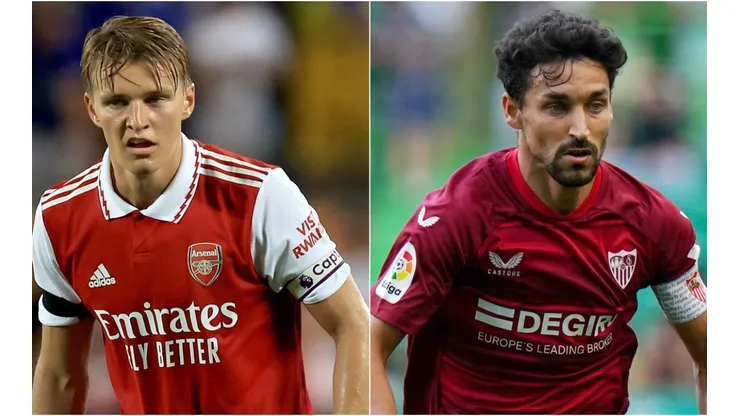 Martin Odegaard of Arsenal and Jesus Navas of Sevilla