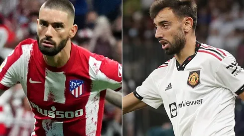 Yannick Carrasco of Atletico Madrid and Bruno Fernandes of Manchester United