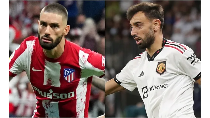 Yannick Carrasco of Atletico Madrid and Bruno Fernandes of Manchester United