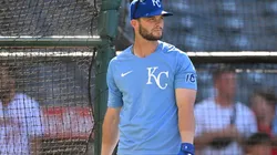 Andrew Benintendi #16 of the Kansas City Royals warms up before the game against the Los Angeles Angels at Angel Stadium of Anaheim on June 21, 2022 in Anaheim, California.