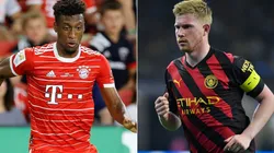 Kingsley Coman of Bayern Munich (L) and Kevin De Bruyne of Manchester City (R)