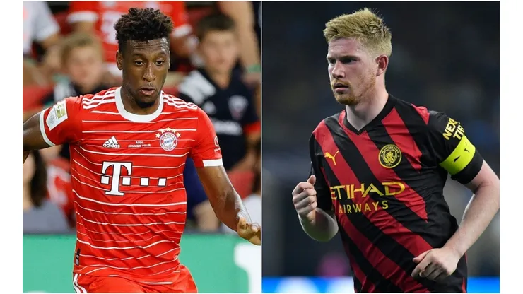 Kingsley Coman of Bayern Munich (L) and Kevin De Bruyne of Manchester City (R)