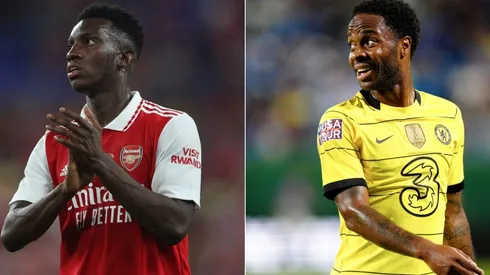 Eddie Nketiah of Arsenal (L) and Raheem Sterling of Chelsea (R)