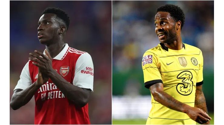 Eddie Nketiah of Arsenal (L) and Raheem Sterling of Chelsea (R)