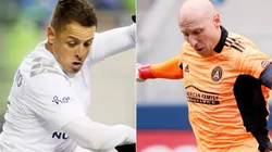 Javier Hernandez of LA Galaxy and Brad Guzan of Atlanta United