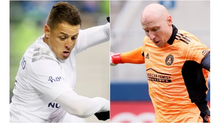 Javier Hernandez of LA Galaxy and Brad Guzan of Atlanta United