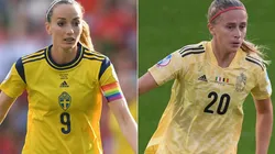 Kosovare Asllani of Sweden and Julie Biesmans of Belgium