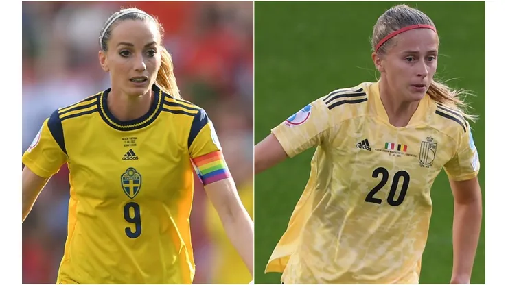 Kosovare Asllani of Sweden and Julie Biesmans of Belgium