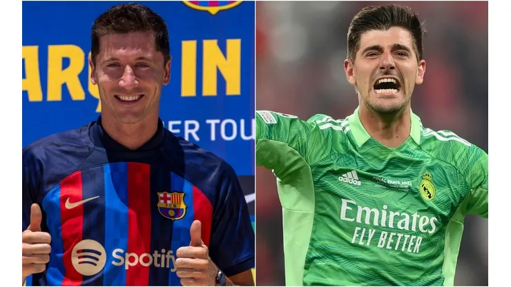 Robert Lewandowski of Barcelona and Thibaut Courtois of Real Madrid