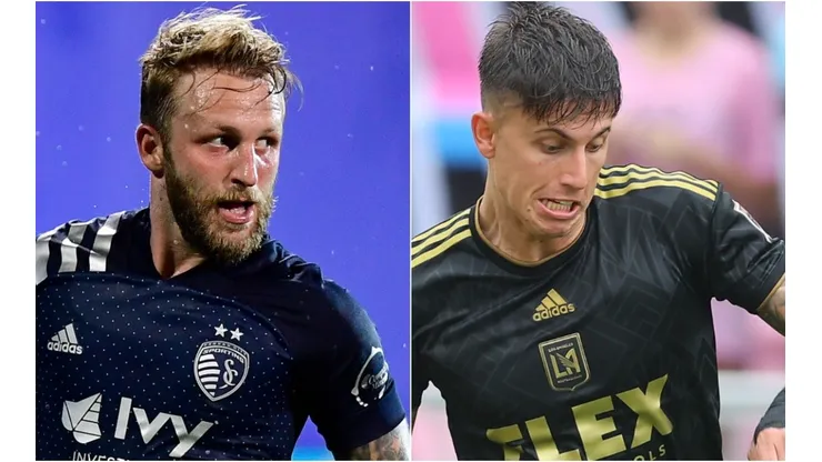 Johnny Russell of Sporting Kansas City and Brian Rodríguez of Los Angeles FC