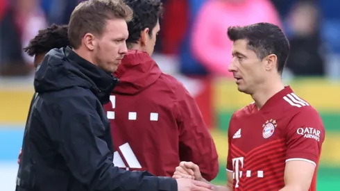 Julian Nagelsmann (left) and Robert Lewandowski (right) during a 2022 Bundesliga match against Hoffenheim.