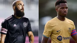 Gonzalo Higuain of Inter Miami CF (L) and Ansu Fati of FC Barcelona (R)