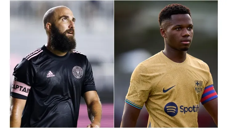 Gonzalo Higuain of Inter Miami CF (L) and Ansu Fati of FC Barcelona (R)
