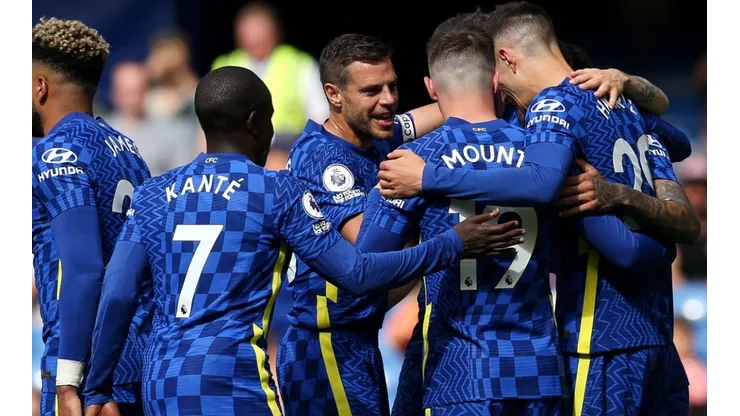 Chelsea players celebrate after scoring a goal