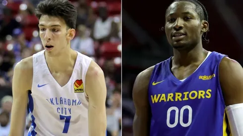 Chet Holmgren of the Oklahoma City Thunder and Jonathan Kuminga of the Golden State Warriors